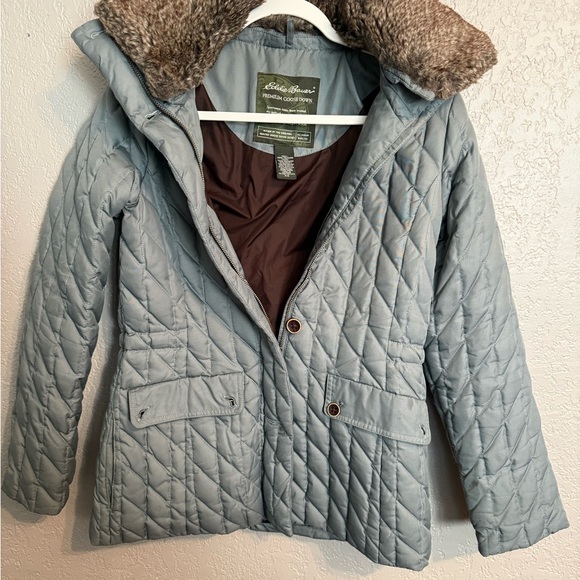 Eddie Bauer Jackets & Blazers - Eddie Bauer Sea Foam Gray Goose Down Quilted Puffer Jacket with Faux Fur Collar